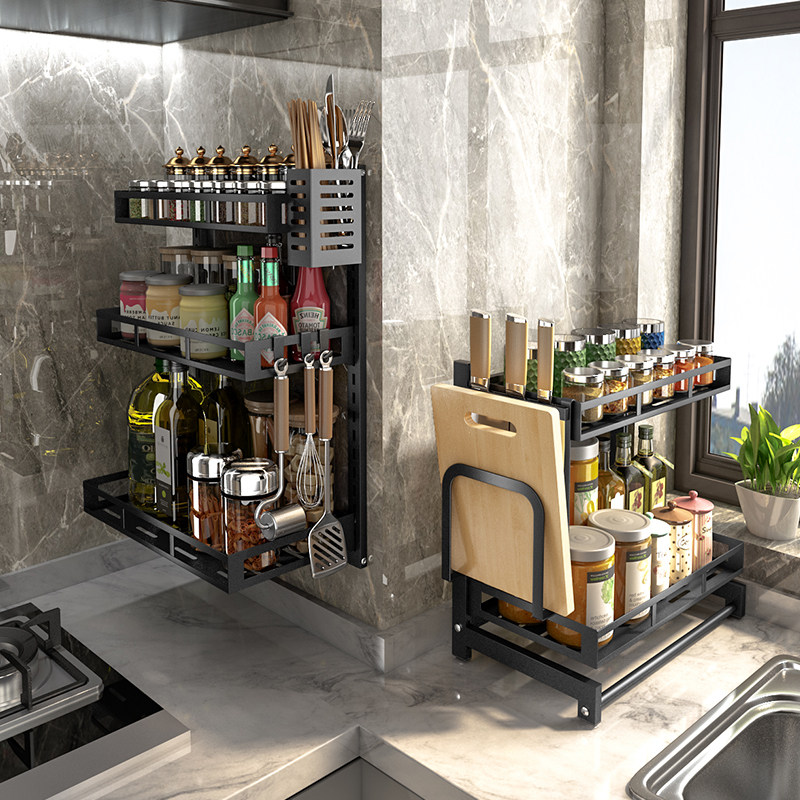 Stainless steel kitchen shelves wall-mounted wall-free perforation seasoning rack supplies for household use