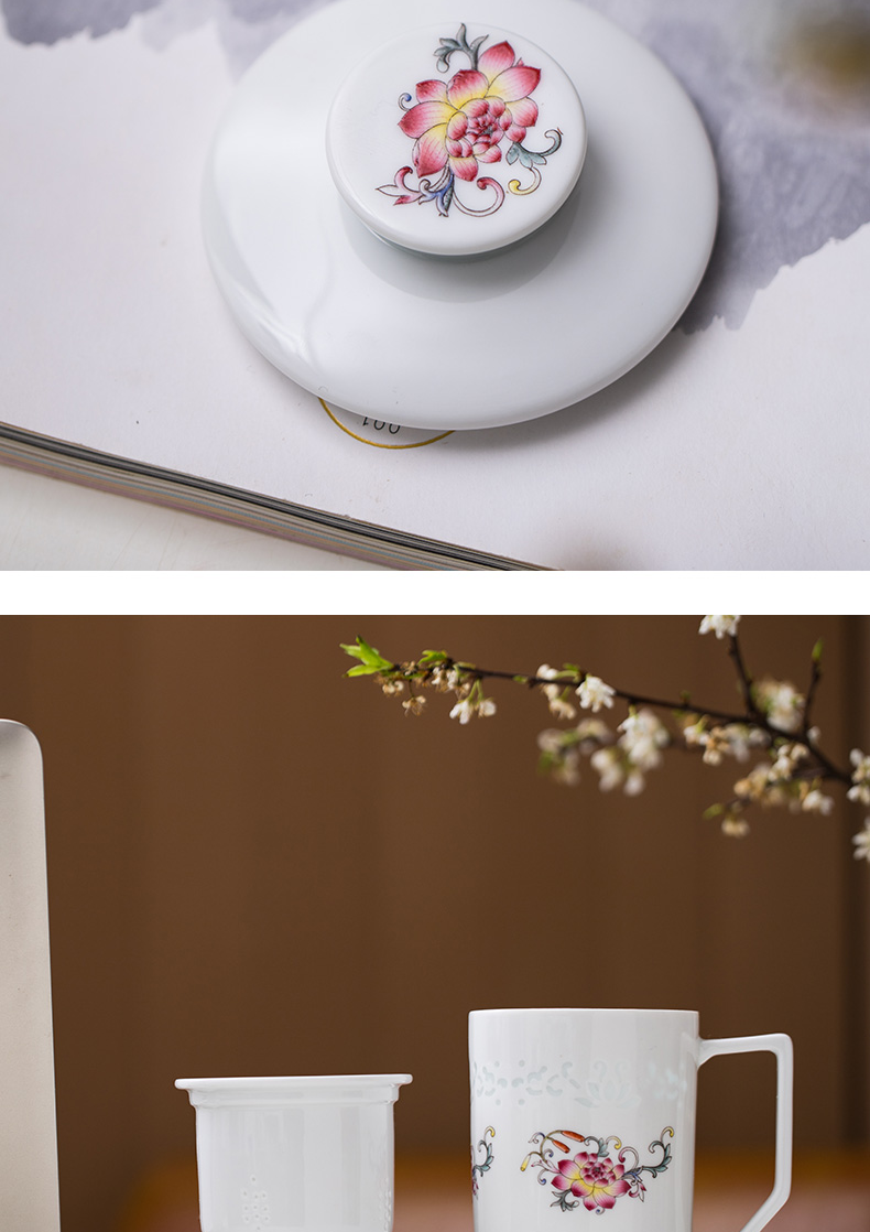 Jade cypress jingdezhen ceramic filter and exquisite porcelain tea cups contracted large capacity domestic tea cup pastel lotus flower