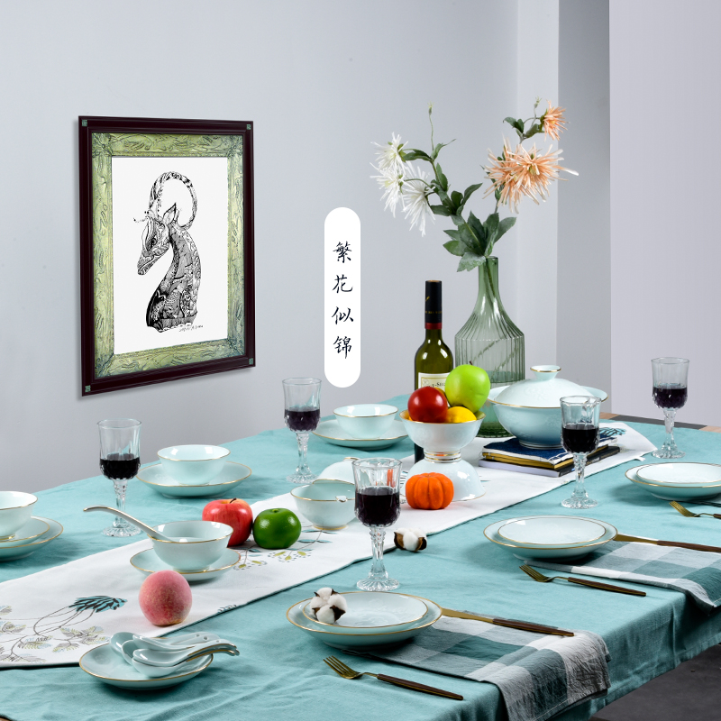 Jade BaiLingLong jingdezhen porcelain shadow blue glaze hand - carved and the head of household of Chinese style suits for the modern tableware