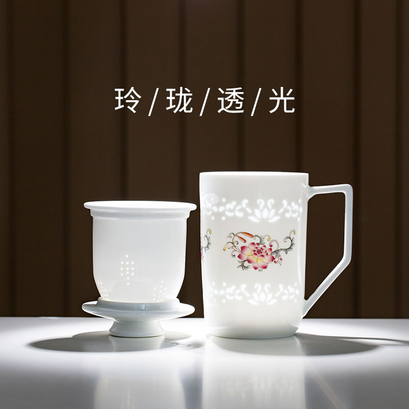Jade cypress jingdezhen ceramic filter and exquisite porcelain tea cups contracted large capacity domestic tea cup pastel lotus flower