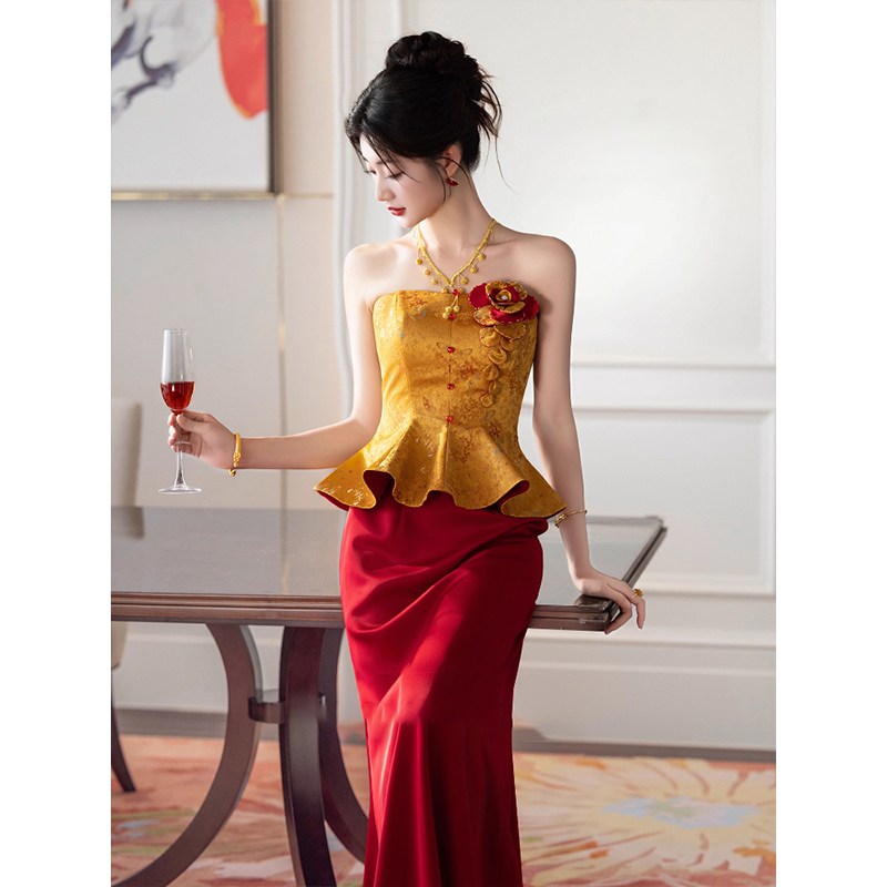 Gold Tube Top Morning Robe for Women, Bride's New Chinese-Style Engagement Dress, High-End Homecoming Banquet Toast Dress for Petite Women