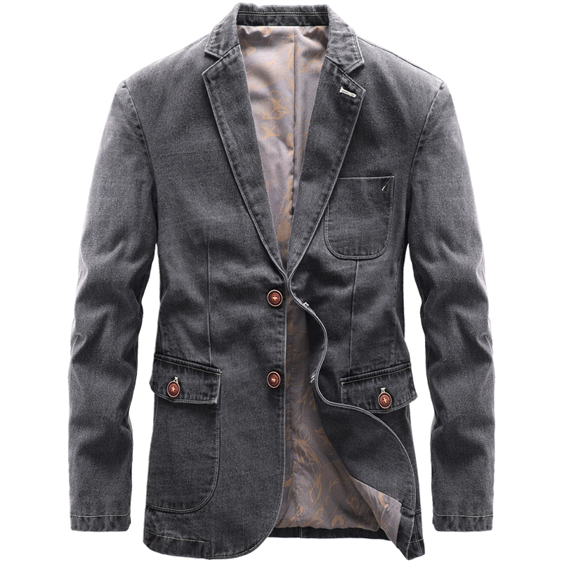Spring and Autumn New Men's Suit, Men's Non-Slit Cotton British Style Solid Color Denim Blazer, Casual Men's Jacket