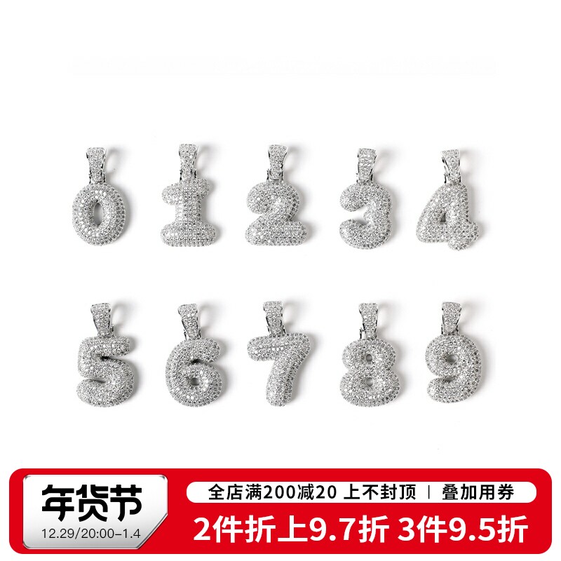 Ice out bubble number Pendant Silver Bubble Number Necklace Men and Women Couples Clavicle Chain