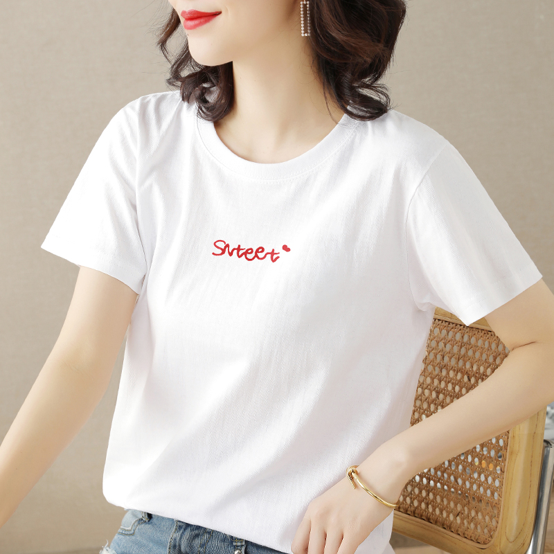 Short sleeves 2022 New women's dress Summer clothes Han version loose white T-shirt with pure color net red letters T-shirt tide