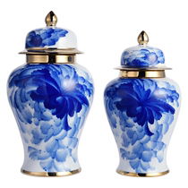 Blue and white porcelain general jar ceramic vase flower utensils living room entrance new Chinese style ancient rack high-end retro decorative ornaments