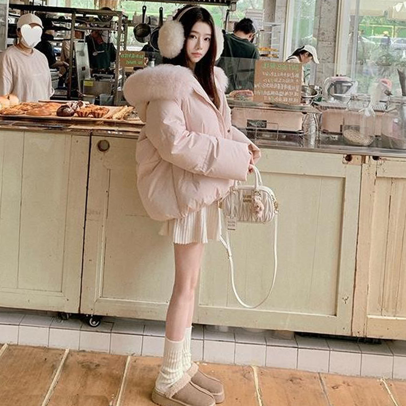 2025 Winter Korean Style Loose Thickened Cotton Jacket Pink Puffer Coat with Large Fur Collar and Hood Short down Cotton Jacket for Women