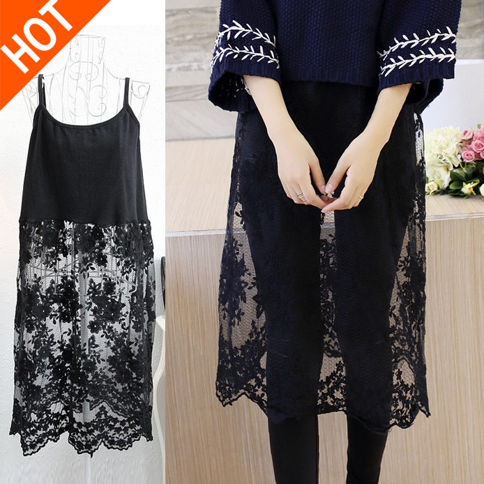 South Korea's new autumn dress hit bottom skirt large size Modale cotton lace dress harness vest with a long skirt for women's winter