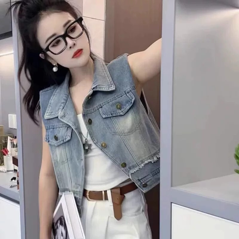 Summer New Korean Style Design Distressed Frayed Denim Sleeveless Vest Loose Short Vest Jacket Women's Top