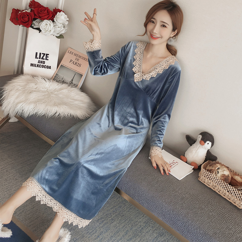 Han Edition Red Nightdress Winter Long Sleeping Golden Velvet Sleepy Sweet Long Dress Household Connection Clothes
