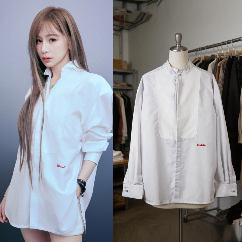 Cyndi Wang's Same Style White Stand-Up Collar Long-Sleeved Shirt for Women, Loose Oversize Mid-Length Lazy Style Casual Shirt Cyndi Wang's Same Style White Stand-Up Collar Long-Sleeved Shirt for Women, Loose Oversize Mid-Length Lazy Style Casual Shirt
