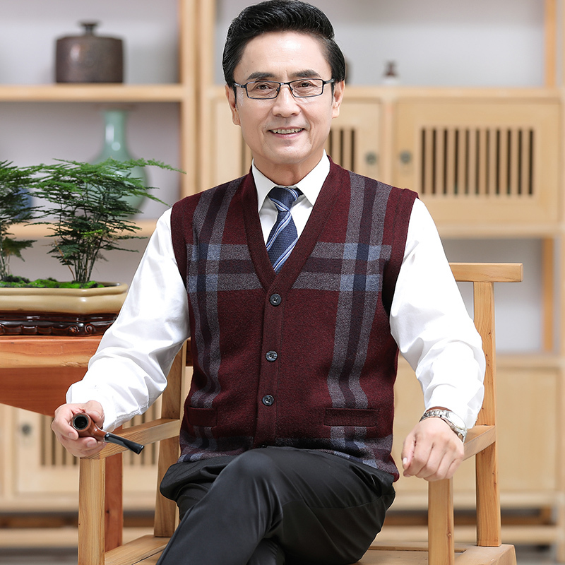 Red Wool Sweater Sleeveless Cardigan Vest for Men in Their Zodiac Year, Autumn and Winter, Thickened Vest Sweater for Middle-Aged and Elderly Men, Dad's Clothing