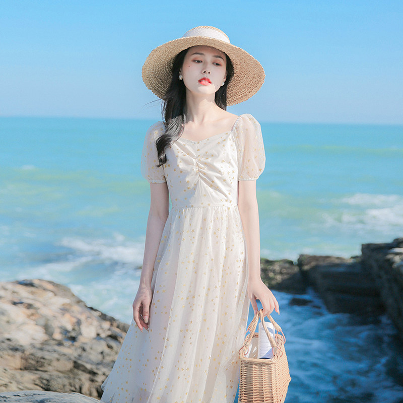 Valley Seven GUQIQI sweet and broken floral dress 2022 Summer New style sweetened web yarn collection waist display slim long dress-Taobao