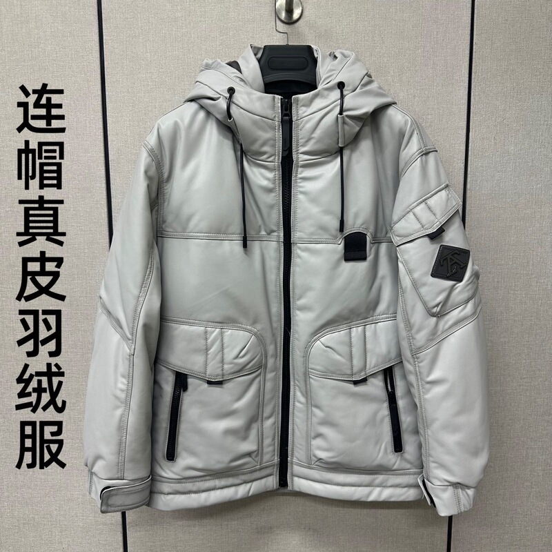 Winter New Men's Genuine Leather down Jacket, First-Layer Sheepskin, Casual and Fashionable Hooded, Fleece-Lined, Thickened down Coat