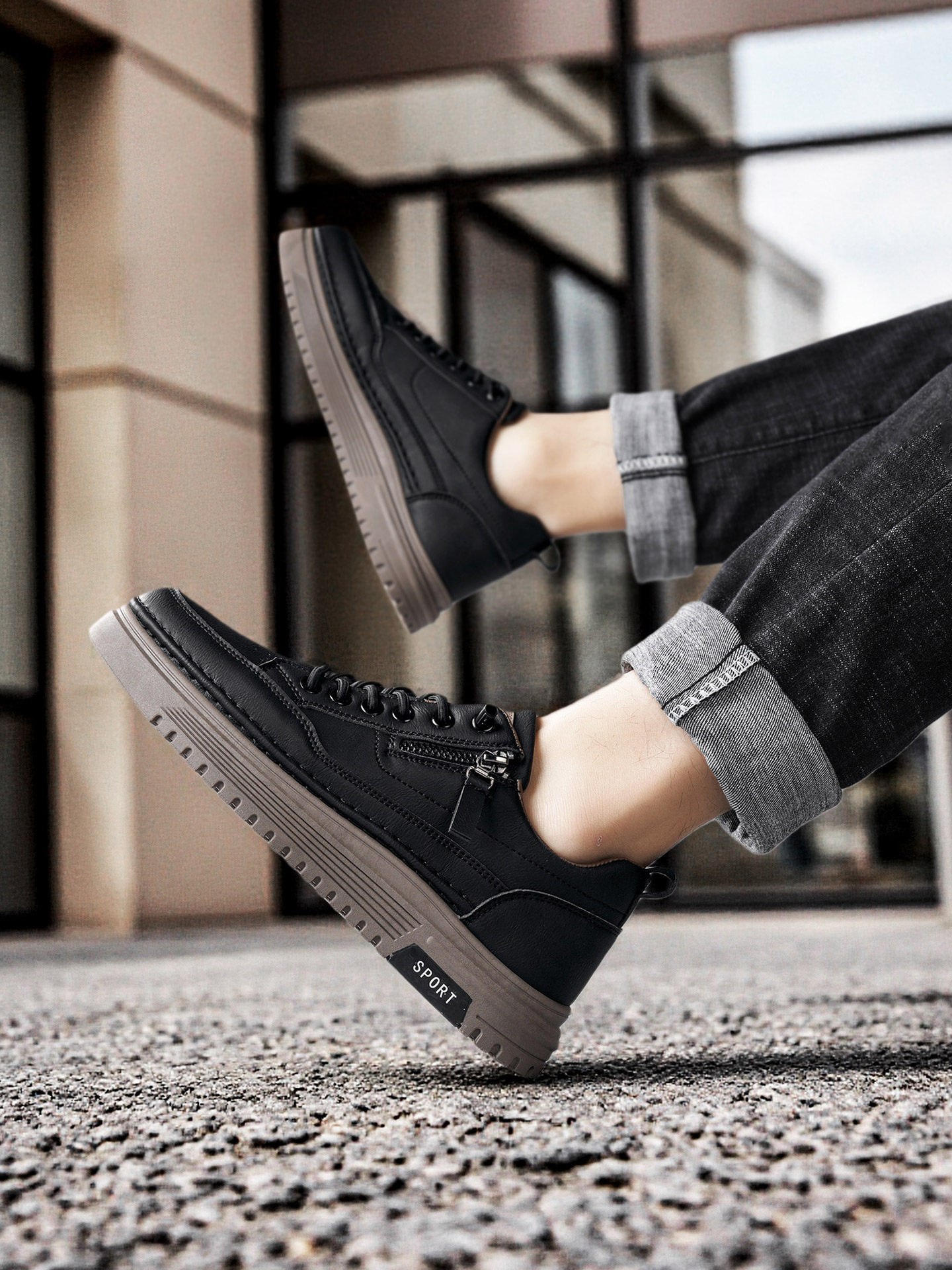 Black Men's Shoes 2026 New Spring Casual Slip-On Flat Shoes Height-Increasing Work Non-Slip Sports Trendy Shoes