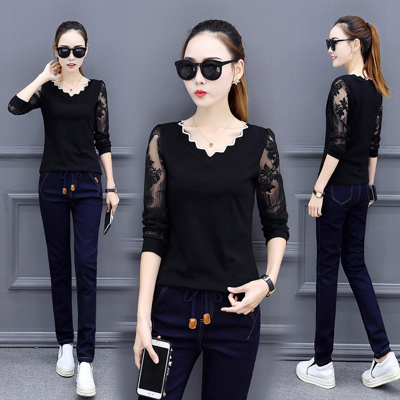 Long sleeve T-shirt ladies tide spring and autumn black lace bottoming shirt spring and autumn Joker fashion clothes 2022 new