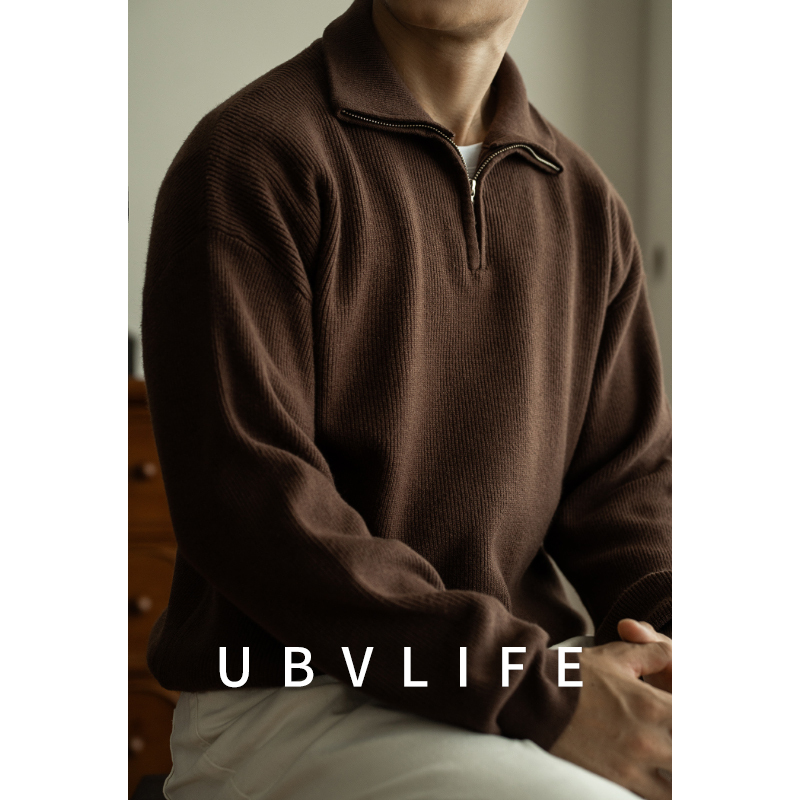 Ubv Heavy-Duty 14-Gauge Anti-Pilling Half-Zip Stand Collar Knit Sweater for Men, Autumn/Winter 2025 Thick Sweater for Men