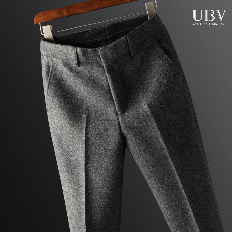 Autumn and winter light luxury thickened warm wool pants imitation wool small trousers men's light business slim casual pants straight men's pants
