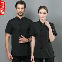 Chef overalls mens short sleeve buckle linen breathable thin summer Chinese style Tang suit mens dining kitchen clothing