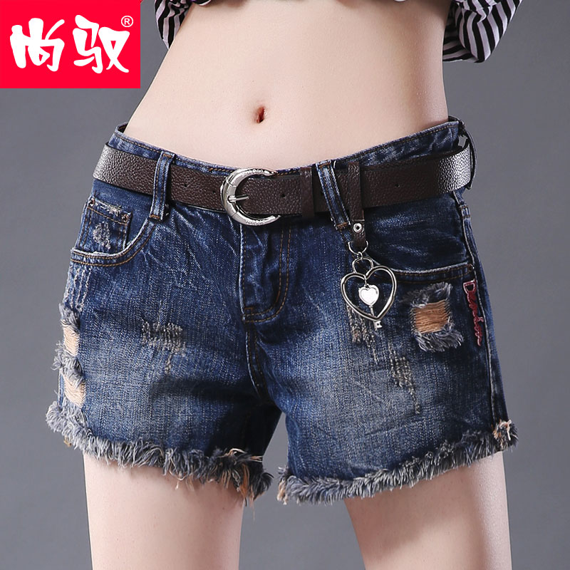 Shang Yi denim quần short nữ mùa hè mỏng 2020 mới của Hàn Quốc phiên bản của eo cao hiển thị mỏng lỗ đang lớn quần thẳng lỏng nóng