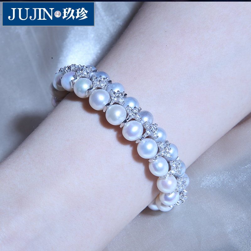 Jiu Zhen double pearl necklace 925 silver chain Zircon almost immaculate pearl bracelet versatile female model