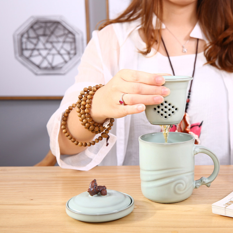 Ru kiln tea water separation ceramic with lid filter cup office open piece can raise lettering Tea Cup four-piece set