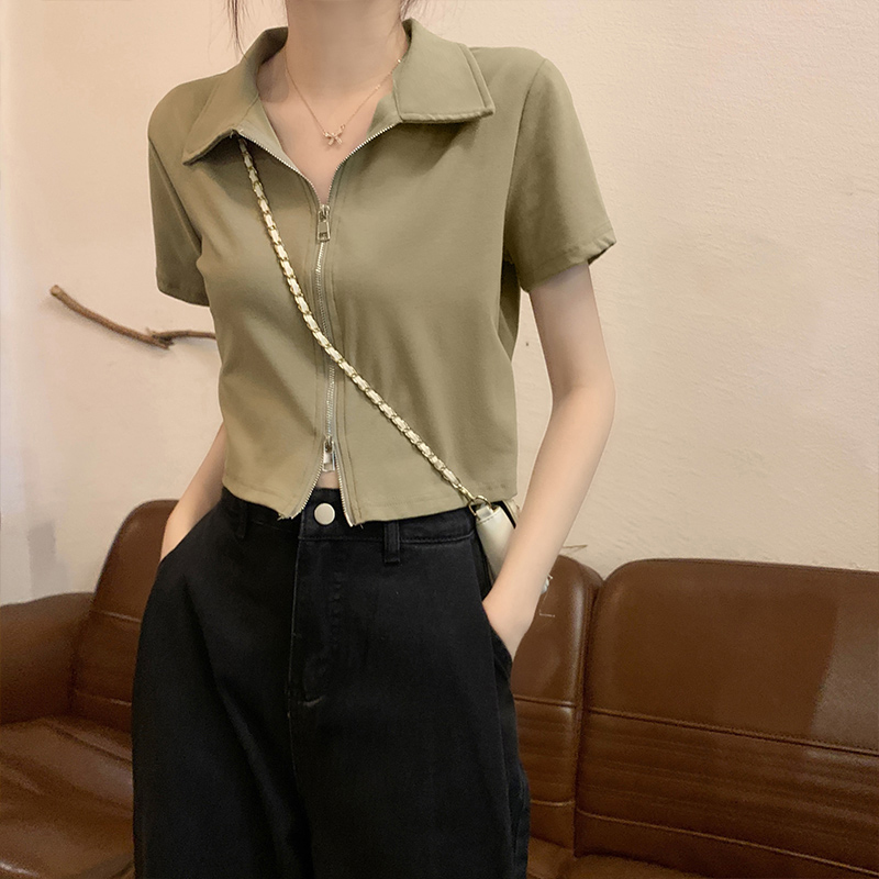 Polo Shirt with Regular Shoulders and Short Sleeves for Women, Summer 2026 New Style, American Retro, Petite Zipper Short Top