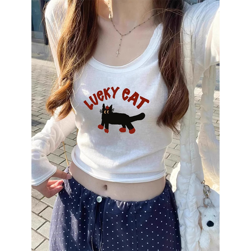 White Large-Neck Long-Sleeve T-Shirt for Women, 2026 New Style, Early Autumn, Waist-Cinching, Slim-Fit, Short Top for Petite Figures