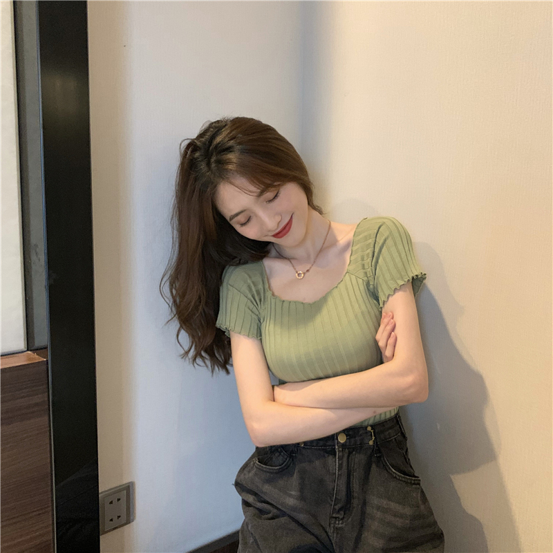 Ice Silk Knitted Short-Sleeved T-Shirt for Women, Summer 2026 New Style, French High-End Style, One-Shoulder Slim-Fitting Short Top