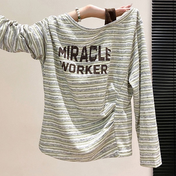 Green Striped Off-Shoulder Long-Sleeve T-Shirt for Women, Autumn 2026 New Style, Ruched Faux Two-Piece Slim-Fit Short Top Green Striped Off-Shoulder Long-Sleeve T-Shirt for Women, Autumn 2026 New Style, Ruched Faux Two-Piece Slim-Fit Short Top