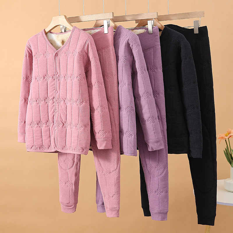 Wool cardigan thermal underwear set plus velvet thickened