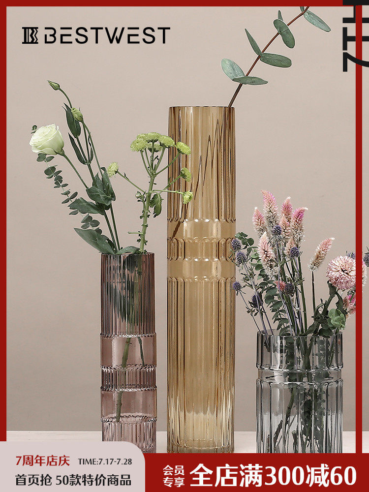 BEST WEST bamboo high glass vase ornaments Modern simple living room transparent flower arrangement bottle decoration ideas