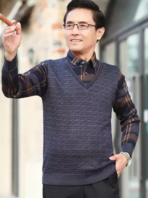 Middle-aged sweater plus velvet thickened middle-aged men's fake two 40-50-year-old father winter knitted warm jacket