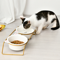 Cat bowl ceramic double bowl iron frame to protect cervical spine anti-knock cat food bowl cat pet drinking bowl dog Basin
