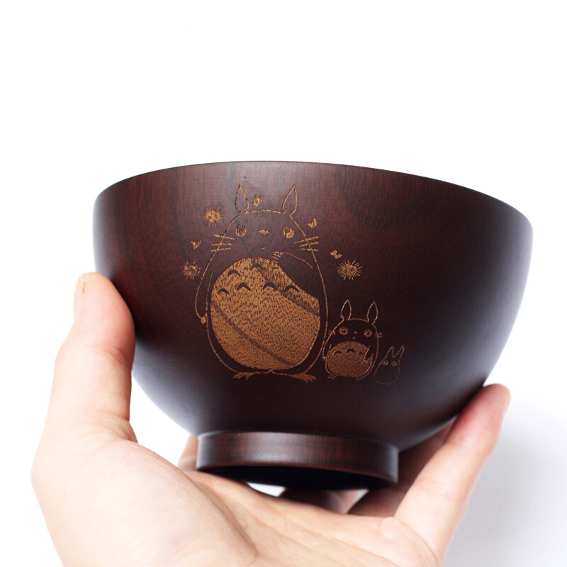 Wooden bowl Household cute cartoon pattern rice bowl Baby bowl Anti-hot hand wooden bowl Soup bowl Japanese-style whole wood bowl