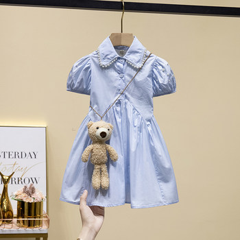 Girls blue shirt dress 2022 summer new children's foreign style Korean princess skirt baby lapel skirt