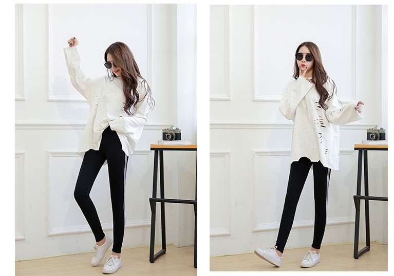 Quần legging nữ mùa thu co giãn bên dải trắng quần thể thao màu đen hoang dã cỡ lớn chín điểm song song chân quần quần đũi ống rộng nữ