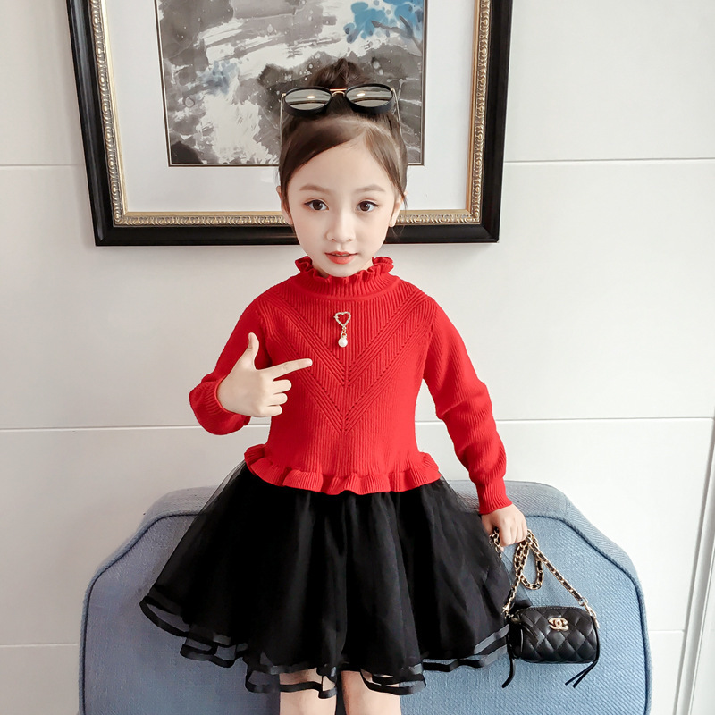 Áo len bé gái váy xòe mùa thu và mùa đông Hàn Quốc bé đan áo đáy quần trẻ em nước ngoài lưới công chúa đầm bé gái