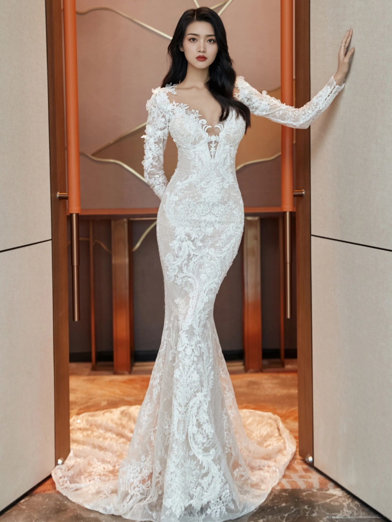 Shiny Sen Department 2022 new lace long-sleeved slim fit light luxury fishtail bride welcome guest main wedding dress outdoor travel skirt