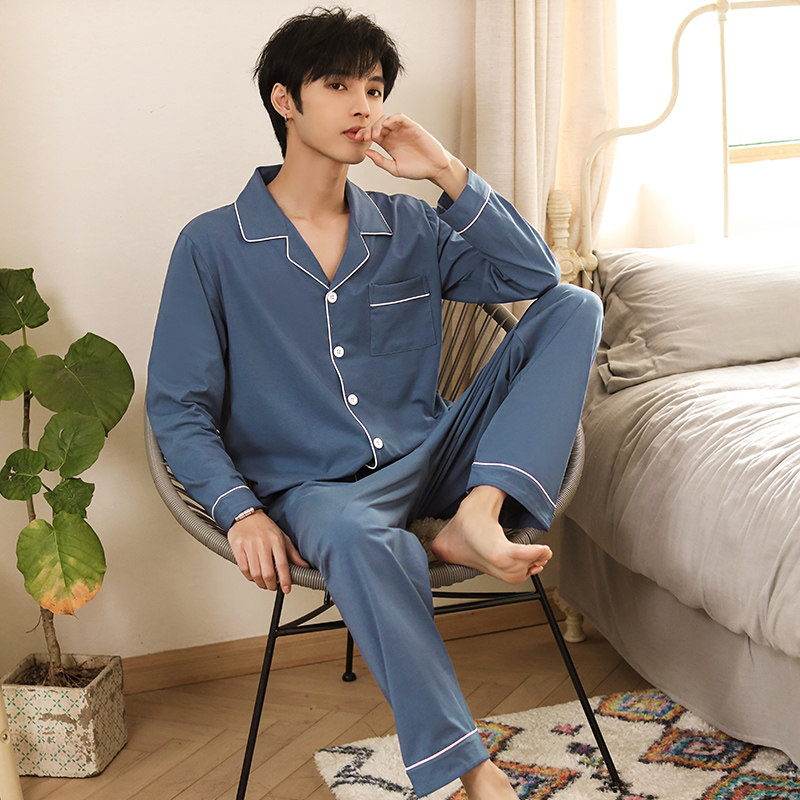 Pure cotton men's sleepwear men's spring autumn and winter long sleeves thin section open buckle loose boys' men's style men's home suits suit