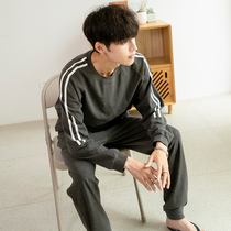 Liang Xueqi Mens Cotton Pajamas Mens Spring and Autumn Winter Long Sleeve Simple Korean Round Neck Loose Cotton Home Clothing Set