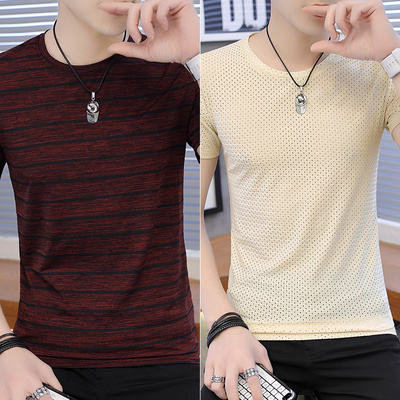 Băng lụa T-Shirt nam ngắn tay xu hướng sọc áo Hàn Quốc phiên bản của tự trồng thanh niên nam quần áo vòng cổ nửa tay áo sơ mi Áo phông ngắn