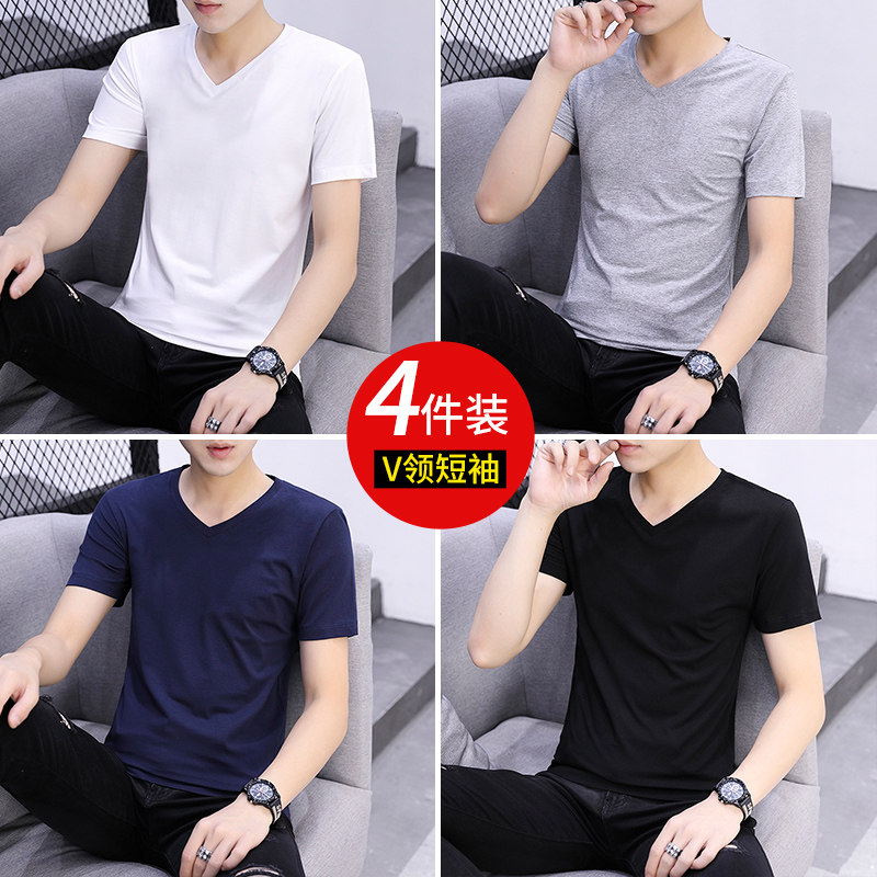 [4ピース] メンズ半袖Tシャツ、Vネック、純綿、夏用無地ベースシャツ、ハーフスリーブトップ、長袖