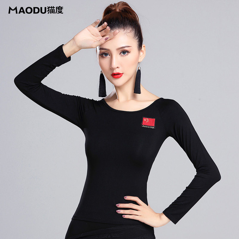 Cat Latin dance flag long sleeve top Adult dance practice clothing Long sleeve modern dance square dance top