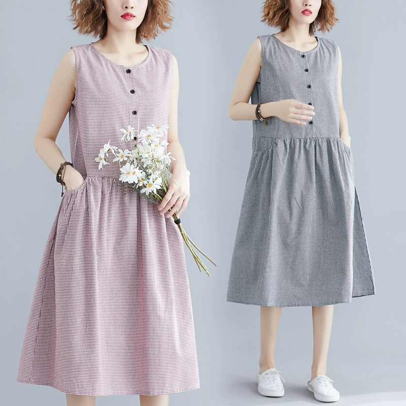 Phụ nữ cỡ lớn cotton và vải lanh váy vest nữ mùa hè phong cách mới kẻ sọc mảnh mai rộng rãi cỡ lớn giảm tuổi tác váy vải lanh dài trung bình - Váy dài