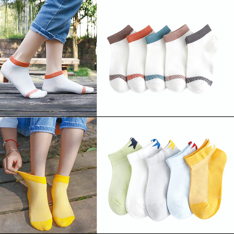 Toe Stripe + 01 Heel Five Star (10 Pairs In Total)children Socks pure cotton spring and autumn Thin Boy girl Middle tube socks Zhongda Tong Xinjiang cotton baby Mesh socks summer