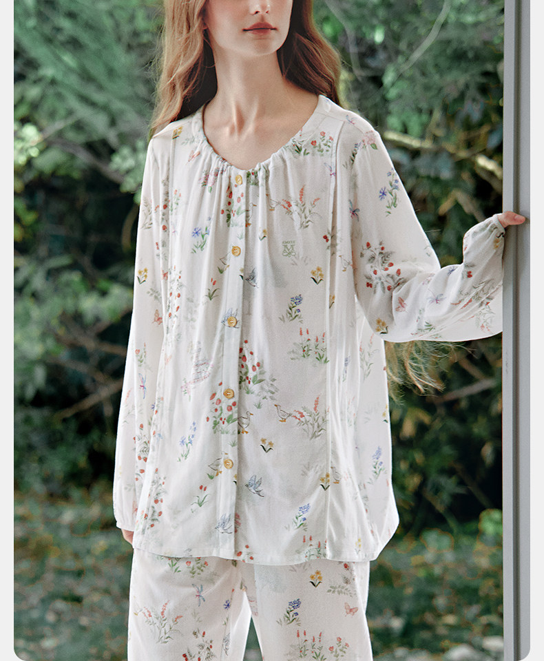 嫚熙秋冬季孕妇哺乳睡衣弹力丝麻棉浅草曼波产后月子服家居服套装 — 16
