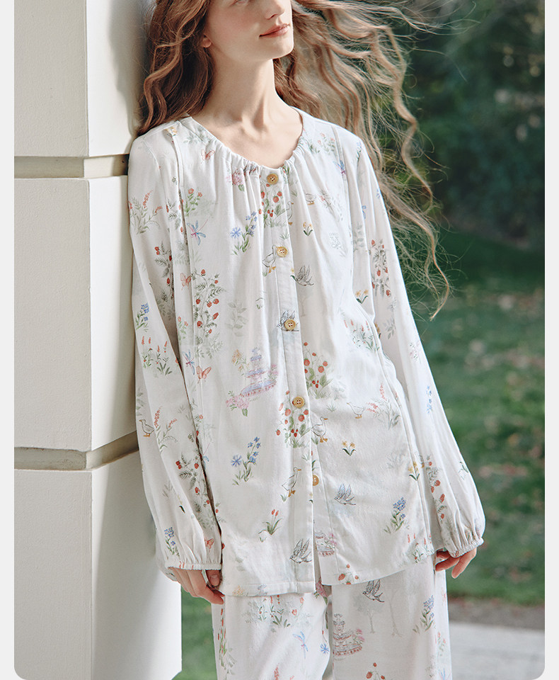 嫚熙秋冬季孕妇哺乳睡衣弹力丝麻棉浅草曼波产后月子服家居服套装 — 29