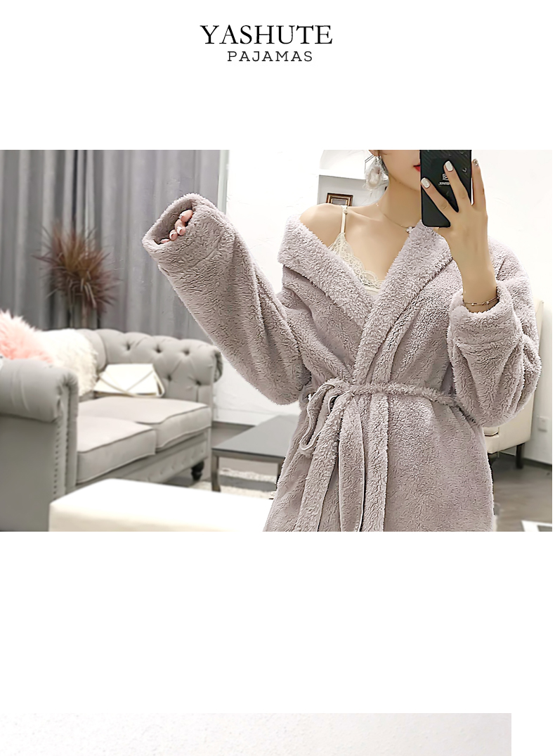 Áo ngủ nữ mùa đông dày lông cừu san hô dày Phụ nữ có thể mặc áo choàng dài tay Áo choàng tắm dài ấm áp của Hàn Quốc váy ngủ nữ