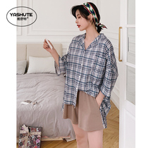 Summer new pajamas women cotton short sleeve thin cute home clothing ladies summer loose fresh plaid suit