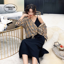 Sleeping skirt women spring and summer cotton long sleeve English plaid loose coat condole belt can be worn out pajamas household clothing skirt